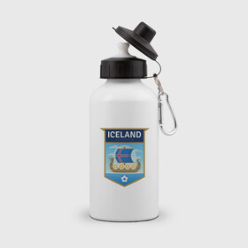 Бутылка спортивная с принтом Футбол - Исландия в Тюмени, металл | емкость — 500 мл, в комплекте две пластиковые крышки и карабин для крепления | football | iceland | sport | викинг | гол | игрок | исландия | мяч | сборная | спорт | топор | тренер | футбол | чемпион | чемпионат