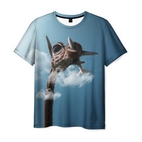 Мужская футболка 3D с принтом Жираф и самолет в Тюмени, 100% полиэфир | прямой крой, круглый вырез горловины, длина до линии бедер | животные | жираф | небо | облака | природа | самолет | солнце | юмор