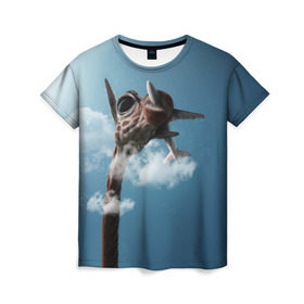 Женская футболка 3D с принтом Жираф и самолет в Тюмени, 100% полиэфир ( синтетическое хлопкоподобное полотно) | прямой крой, круглый вырез горловины, длина до линии бедер | животные | жираф | небо | облака | природа | самолет | солнце | юмор