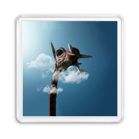 Магнит 55*55 с принтом Жираф и самолет в Тюмени, Пластик | Размер: 65*65 мм; Размер печати: 55*55 мм | Тематика изображения на принте: животные | жираф | небо | облака | природа | самолет | солнце | юмор