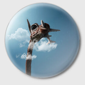 Значок с принтом Жираф и самолет в Тюмени,  металл | круглая форма, металлическая застежка в виде булавки | Тематика изображения на принте: животные | жираф | небо | облака | природа | самолет | солнце | юмор
