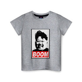 Детская футболка хлопок с принтом BOOM КИМ ЧЕН ЫН в Тюмени, 100% хлопок | круглый вырез горловины, полуприлегающий силуэт, длина до линии бедер | Тематика изображения на принте: boom | kim chen eun | mems | ким чен ын | кнр | мемы | северная корея | ядерные ракеты