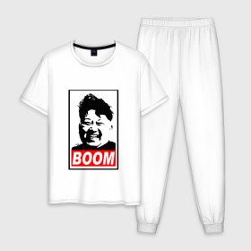 Мужская пижама хлопок с принтом BOOM КИМ ЧЕН ЫН в Тюмени, 100% хлопок | брюки и футболка прямого кроя, без карманов, на брюках мягкая резинка на поясе и по низу штанин
 | Тематика изображения на принте: boom | kim chen eun | mems | ким чен ын | кнр | мемы | северная корея | ядерные ракеты