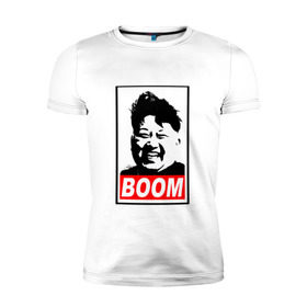 Мужская футболка премиум с принтом BOOM КИМ ЧЕН ЫН в Тюмени, 92% хлопок, 8% лайкра | приталенный силуэт, круглый вырез ворота, длина до линии бедра, короткий рукав | Тематика изображения на принте: boom | kim chen eun | mems | ким чен ын | кнр | мемы | северная корея | ядерные ракеты
