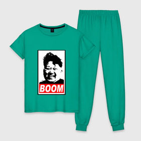 Женская пижама хлопок с принтом BOOM КИМ ЧЕН ЫН в Тюмени, 100% хлопок | брюки и футболка прямого кроя, без карманов, на брюках мягкая резинка на поясе и по низу штанин | Тематика изображения на принте: boom | kim chen eun | mems | ким чен ын | кнр | мемы | северная корея | ядерные ракеты