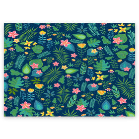 Поздравительная открытка с принтом Тропики в Тюмени, 100% бумага | плотность бумаги 280 г/м2, матовая, на обратной стороне линовка и место для марки
 | jungle | деревья | джунгли | зелень | кусты | лес | мох | океан | пальмы | пляж | тропики | экзотика