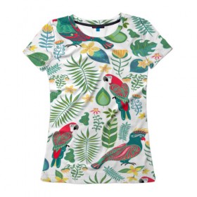 Женская футболка 3D с принтом Попугаи в Тюмени, 100% полиэфир ( синтетическое хлопкоподобное полотно) | прямой крой, круглый вырез горловины, длина до линии бедер | jungle | деревья | джунгли | зелень | кусты | лес | мох | океан | пальмы | пляж | тропики | экзотика