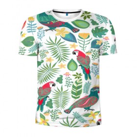 Мужская футболка 3D спортивная с принтом Попугаи в Тюмени, 100% полиэстер с улучшенными характеристиками | приталенный силуэт, круглая горловина, широкие плечи, сужается к линии бедра | jungle | деревья | джунгли | зелень | кусты | лес | мох | океан | пальмы | пляж | тропики | экзотика