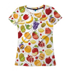 Женская футболка 3D с принтом Фрукты в Тюмени, 100% полиэфир ( синтетическое хлопкоподобное полотно) | прямой крой, круглый вырез горловины, длина до линии бедер | фрукты | ягоды