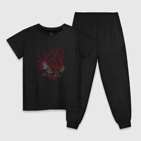 Детская пижама хлопок с принтом CYBERPUNK 2077 SAMURAI в Тюмени, 100% хлопок |  брюки и футболка прямого кроя, без карманов, на брюках мягкая резинка на поясе и по низу штанин
 | Тематика изображения на принте: 2019 | cd project red | cyberpunk 2077 | future | hack | night city | samurai | sci fi | андроиды | безумие | будущее | город ночи | киберпанк 2077 | логотип | роботы | самураи | фантастика | цифры