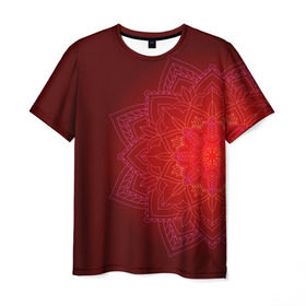 Мужская футболка 3D с принтом Красная мандала в Тюмени, 100% полиэфир | прямой крой, круглый вырез горловины, длина до линии бедер | символ | узор | цветок