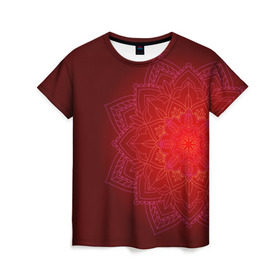 Женская футболка 3D с принтом Красная мандала в Тюмени, 100% полиэфир ( синтетическое хлопкоподобное полотно) | прямой крой, круглый вырез горловины, длина до линии бедер | символ | узор | цветок