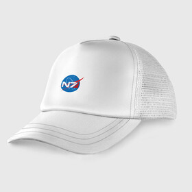 Детская кепка тракер с принтом NASA N7 MASS EFFECT в Тюмени, Козырек - 100% хлопок. Кепка - 100% полиэстер, Задняя часть - сетка | универсальный размер, пластиковая застёжка | Тематика изображения на принте: logo | n7 | nasa | space | логотип | масс эффект | н7 | наса