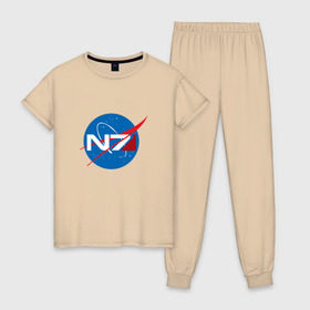 Женская пижама хлопок с принтом NASA N7 MASS EFFECT в Тюмени, 100% хлопок | брюки и футболка прямого кроя, без карманов, на брюках мягкая резинка на поясе и по низу штанин | logo | n7 | nasa | space | логотип | масс эффект | н7 | наса