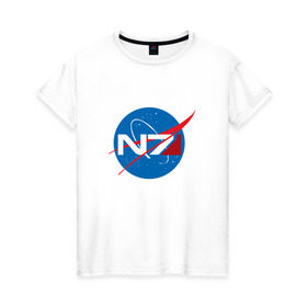 Женская футболка хлопок с принтом NASA N7 MASS EFFECT в Тюмени, 100% хлопок | прямой крой, круглый вырез горловины, длина до линии бедер, слегка спущенное плечо | Тематика изображения на принте: logo | n7 | nasa | space | логотип | масс эффект | н7 | наса