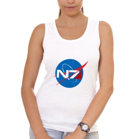 Женская майка хлопок с принтом NASA N7 MASS EFFECT в Тюмени, 95% хлопок, 5% эластан |  | Тематика изображения на принте: logo | n7 | nasa | space | логотип | масс эффект | н7 | наса
