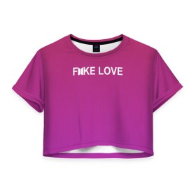 Женская футболка 3D укороченная с принтом BTS FAKE LOVE в Тюмени, 100% полиэстер | круглая горловина, длина футболки до линии талии, рукава с отворотами | bts | bts army | j hope | jimin | jin | jungkook | k pop | rap monster | rapmon | suga | v | бтс | группа | корея