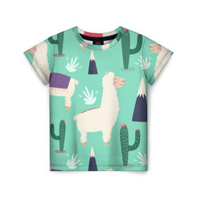 Детская футболка 3D с принтом Альпаки в Тюмени, 100% гипоаллергенный полиэфир | прямой крой, круглый вырез горловины, длина до линии бедер, чуть спущенное плечо, ткань немного тянется | Тематика изображения на принте: зеленый | лама | паттерн