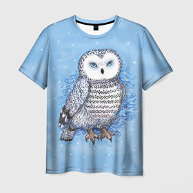 Мужская футболка 3D с принтом Полярная сова в Тюмени, 100% полиэфир | прямой крой, круглый вырез горловины, длина до линии бедер | зима | ночной охотник | синий | снег