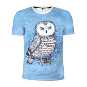 Мужская футболка 3D спортивная с принтом Полярная сова в Тюмени, 100% полиэстер с улучшенными характеристиками | приталенный силуэт, круглая горловина, широкие плечи, сужается к линии бедра | зима | ночной охотник | синий | снег