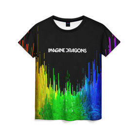 Женская футболка 3D с принтом IMAGINE DRAGONS в Тюмени, 100% полиэфир ( синтетическое хлопкоподобное полотно) | прямой крой, круглый вырез горловины, длина до линии бедер | color | imagine dragons | logo | stripes | trend | абстракция | группа | линии | лого | рок | рэп | фирменные цвета