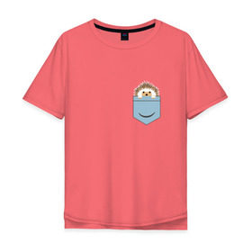 Мужская футболка хлопок Oversize с принтом Ёжик в кармане в Тюмени, 100% хлопок | свободный крой, круглый ворот, “спинка” длиннее передней части | Тематика изображения на принте: еж | ёжик | ёжик в кармане | лес