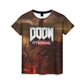 Женская футболка 3D с принтом DOOM Eternal в Тюмени, 100% полиэфир ( синтетическое хлопкоподобное полотно) | прямой крой, круглый вырез горловины, длина до линии бедер | doom | doomguy | slayer | вечный | дум | думгай | палач рока