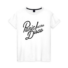 Женская футболка хлопок с принтом Panic at the disco logo в Тюмени, 100% хлопок | прямой крой, круглый вырез горловины, длина до линии бедер, слегка спущенное плечо | brendon urie | patd | spencer smith | tyan ross