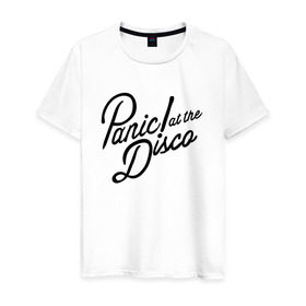 Мужская футболка хлопок с принтом Panic at the disco logo в Тюмени, 100% хлопок | прямой крой, круглый вырез горловины, длина до линии бедер, слегка спущенное плечо. | brendon urie | patd | spencer smith | tyan ross