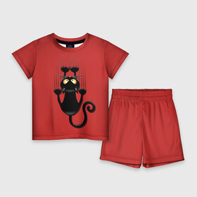 Детский костюм с шортами 3D с принтом Черный Кот в Тюмени,  |  | Тематика изображения на принте: black | cat | cats | кот | котенок | коты | кошка | кошки | красный | черная