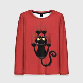 Женский лонгслив 3D с принтом Черный Кот в Тюмени, 100% полиэстер | длинные рукава, круглый вырез горловины, полуприлегающий силуэт | black | cat | cats | кот | котенок | коты | кошка | кошки | красный | черная