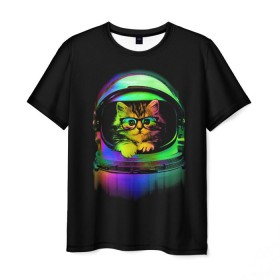 Мужская футболка 3D с принтом Котик в Космосе в Тюмени, 100% полиэфир | прямой крой, круглый вырез горловины, длина до линии бедер | cat | cats | cute | kitty | rainbow | space | spaceman | космонавт | космос | кот | котенок | коты | кошка | кошки | очки | радуга | скафандр | шлем
