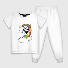 Детская пижама хлопок с принтом ПАНДА НА РАДУГЕ в Тюмени, 100% хлопок |  брюки и футболка прямого кроя, без карманов, на брюках мягкая резинка на поясе и по низу штанин
 | cloud | mem | panda | rainbow | serfing | мем | облака | панда | радуга | серфинг | юмор