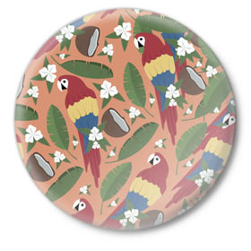 Значок с принтом Попугайчики в Тюмени,  металл | круглая форма, металлическая застежка в виде булавки | джунгли | жара | кокосы | лето | отпуск | попугайчики | птицы | путушествия | цветы