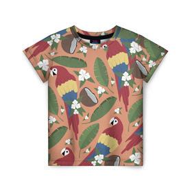 Детская футболка 3D с принтом Попугайчики в Тюмени, 100% гипоаллергенный полиэфир | прямой крой, круглый вырез горловины, длина до линии бедер, чуть спущенное плечо, ткань немного тянется | Тематика изображения на принте: джунгли | жара | кокосы | лето | отпуск | попугайчики | птицы | путушествия | цветы