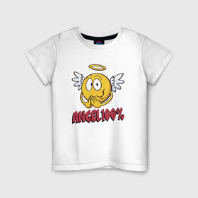 Детская футболка хлопок с принтом ANGEL 100% в Тюмени, 100% хлопок | круглый вырез горловины, полуприлегающий силуэт, длина до линии бедер | 100 | angel | ангел | добрая | добрый | крылья | мем | мемас | мемасик | милый | надпись | нимб | процентов | смайл | смайлик | улыбка | эмоджи | эмодзи