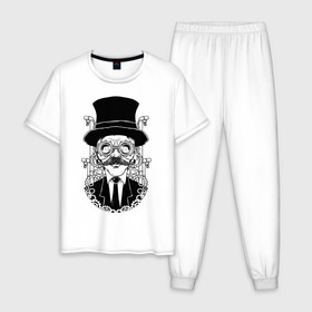 Мужская пижама хлопок с принтом Steampunk Man в Тюмени, 100% хлопок | брюки и футболка прямого кроя, без карманов, на брюках мягкая резинка на поясе и по низу штанин
 | man | steampunk | мужчина | очки | стимпанк | шляпа