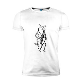 Мужская футболка премиум с принтом Кот Саксофонист в Тюмени, 92% хлопок, 8% лайкра | приталенный силуэт, круглый вырез ворота, длина до линии бедра, короткий рукав | cat | арт | животные | инструмент | кот | кошка | музыка | саксофон | саксофонист