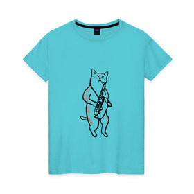 Женская футболка хлопок с принтом Кот Саксофонист в Тюмени, 100% хлопок | прямой крой, круглый вырез горловины, длина до линии бедер, слегка спущенное плечо | cat | арт | животные | инструмент | кот | кошка | музыка | саксофон | саксофонист