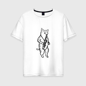 Женская футболка хлопок Oversize с принтом Кот Саксофонист в Тюмени, 100% хлопок | свободный крой, круглый ворот, спущенный рукав, длина до линии бедер
 | cat | арт | животные | инструмент | кот | кошка | музыка | саксофон | саксофонист