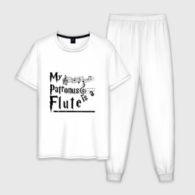 Мужская пижама хлопок с принтом My patronus FLUTE в Тюмени, 100% хлопок | брюки и футболка прямого кроя, без карманов, на брюках мягкая резинка на поясе и по низу штанин
 | флейта | флейтист