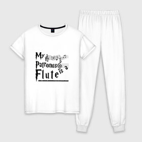 Женская пижама хлопок с принтом My patronus FLUTE в Тюмени, 100% хлопок | брюки и футболка прямого кроя, без карманов, на брюках мягкая резинка на поясе и по низу штанин | флейта | флейтист