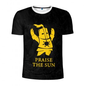 Мужская футболка 3D спортивная с принтом PRAISE THE SUN в Тюмени, 100% полиэстер с улучшенными характеристиками | приталенный силуэт, круглая горловина, широкие плечи, сужается к линии бедра | dark souls | game | gamer | knight | play | player | praise the sun | дарк соулс | доспехи | игры | надпись | рыцарь | темные души