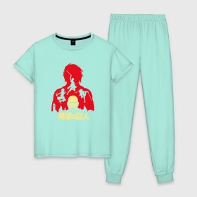 Женская пижама хлопок с принтом АТАКА ТИТАНОВ в Тюмени, 100% хлопок | брюки и футболка прямого кроя, без карманов, на брюках мягкая резинка на поясе и по низу штанин | 