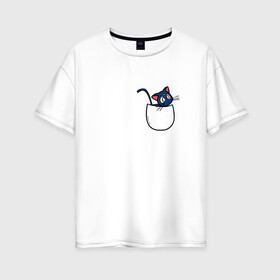 Женская футболка хлопок Oversize с принтом Кот в кармане в Тюмени, 100% хлопок | свободный крой, круглый ворот, спущенный рукав, длина до линии бедер
 | cat | кот . котэ | котик | сейлор мун