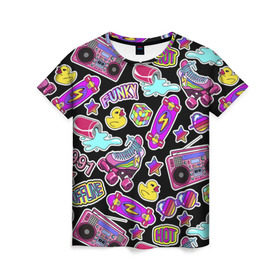 Женская футболка 3D с принтом Back to 90 в Тюмени, 100% полиэфир ( синтетическое хлопкоподобное полотно) | прямой крой, круглый вырез горловины, длина до линии бедер | 80 | 90 | acid | acidic | cola | eighties | lightning | nineties | offline | skate | star | восьмидесятые | девяностые | кислота | олдскул