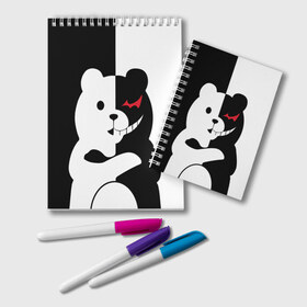 Блокнот с принтом MONOKUMA в Тюмени, 100% бумага | 48 листов, плотность листов — 60 г/м2, плотность картонной обложки — 250 г/м2. Листы скреплены удобной пружинной спиралью. Цвет линий — светло-серый
 | Тематика изображения на принте: anime | bear | black  white | minomi | monokuma | pink | rabbit | school | аниме | главарь | миноми | монокума | черно белый | школа