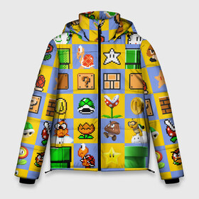 Мужская зимняя куртка 3D с принтом Super Mario Pop art в Тюмени, верх — 100% полиэстер; подкладка — 100% полиэстер; утеплитель — 100% полиэстер | длина ниже бедра, свободный силуэт Оверсайз. Есть воротник-стойка, отстегивающийся капюшон и ветрозащитная планка. 

Боковые карманы с листочкой на кнопках и внутренний карман на молнии. | Тематика изображения на принте: bros | donkey kong | mario | super | игра | марио | офф | спин | супер | тоад