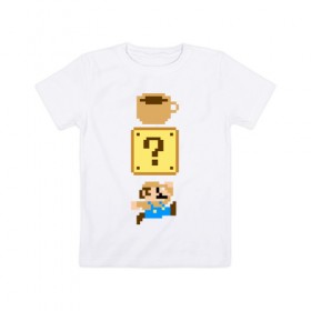 Детская футболка хлопок с принтом Любитель кофе (Марио) в Тюмени, 100% хлопок | круглый вырез горловины, полуприлегающий силуэт, длина до линии бедер | 16 bit | 16 бит | 8 bit | 8 бит | coffe | dendy | love | mario | nes | nintendo | pixel | pixels | retro | денди | кофе | любовь | марио | нинтендо