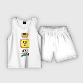 Детская пижама с шортами хлопок с принтом Любитель кофе (Марио) в Тюмени,  |  | 16 bit | 16 бит | 8 bit | 8 бит | coffe | dendy | love | mario | nes | nintendo | pixel | pixels | retro | денди | кофе | любовь | марио | нинтендо